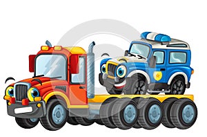 Happy cartoon tow truck driver with other vehicle car