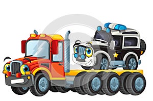 Happy cartoon tow truck driver with other vehicle car