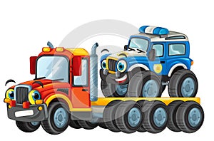 Happy cartoon tow truck driver with other vehicle car