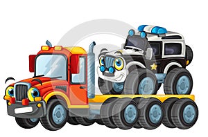 Happy cartoon tow truck driver with other vehicle car