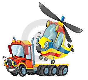 Happy cartoon tow truck driver vehicle helicopter