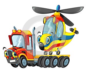 Happy cartoon tow truck driver vehicle helicopter