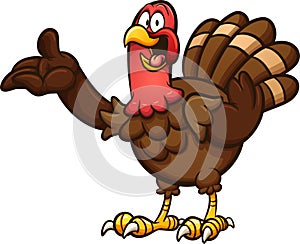 Happy cartoon turkey showing off something