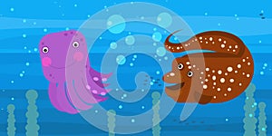 Happy cartoon underwater scene with swimming coral reef fishes illustration