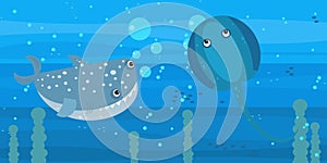 Happy cartoon underwater scene with swimming coral reef fishes illustration