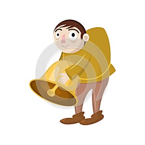 Happy cartoon vector hunchback holding a bell. Design for print, mascot, emblem, t-shirt, party decoration, sticker