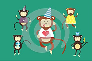 Happy cartoon vector monkey dancing party birthday