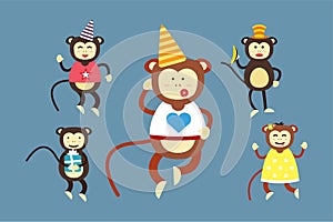 Happy cartoon vector monkey dancing party birthday