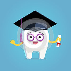 Happy cartoon wisdom tooth wearing graduation cap photo