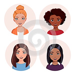 Happy cartoon woman avatar set. Different nationality women characters collection. Isolated vector illustration on round