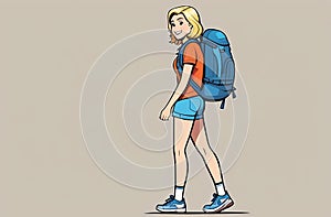 A happy cartoon woman walks with a backpack, thumb up gesture