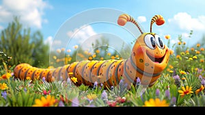 happy cartoon worm in green garden