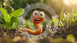 Happy cartoon worm in a sunny garden setting