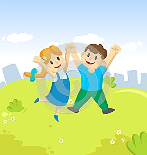 Happy cartoon young boy and girl kids jumping for joy with their hands in the air on city and blue sky background.