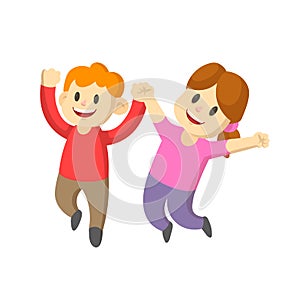Happy cartoon young boy and girl kids jumping for joy with their hands in the air. Flat vector illustration, isolated on