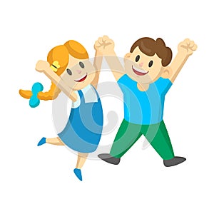 Happy cartoon young boy and girl kids jumping for joy with their hands in the air. Flat vector illustration, isolated on