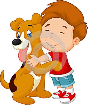 Happy cartoon young boy lovingly hugging his pet dog