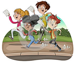 Happy cartoon young people running with paper note.