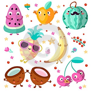 Happy cartooning fruits vector illustration. Set of tropical childish fruit, relaxing and happy, isolated on white
