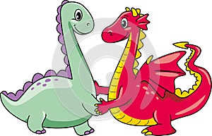 Happy cartoonish dino and dragon