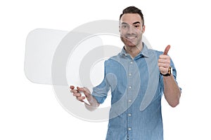 Happy casual holding blank speech bubble, gesturing ok and smiling