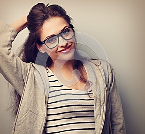 Happy casual young woman in eye glasses looking. Vintage portrait