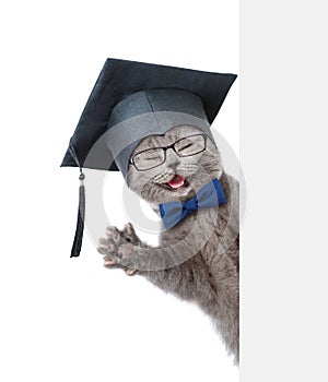 Happy Cat with black graduation cap and tie bow peeking from behind empty board. isolated on white background