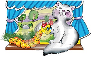 Happy cat and caterpillar by the window