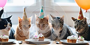 Happy cat celebrates birthday party with birthday cake and many cat friends