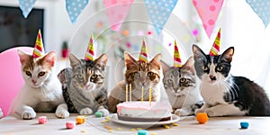 Happy cat celebrates birthday party with birthday cake and many cat friends