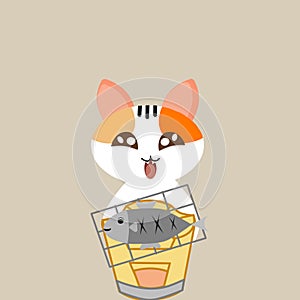 Happy cat is cooking grilled fish on cream background for background and texter concept