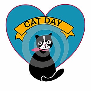 Happy Cat day smile cat on heart hand drawn vector