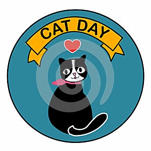 Happy Cat day trendy smile cat with heart  hand drawn vector