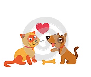 Happy Cat And Dog Friendship. Cartoon Illustration Of Best Friends.