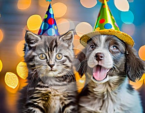 A happy cat and dog with tongue out and funny hats on.