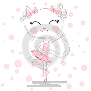 Happy cat girl in ballet costume dance on a piano on polka dot background illustration vector