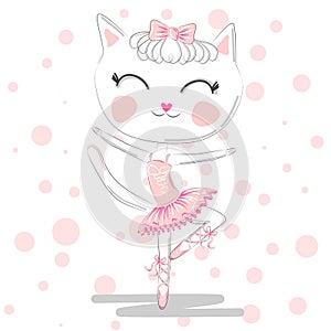 Happy cat girl in ballet costume dance on a piano on polka dot background illustration vector