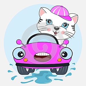 Happy cat girl driving lilac car. Greeting card