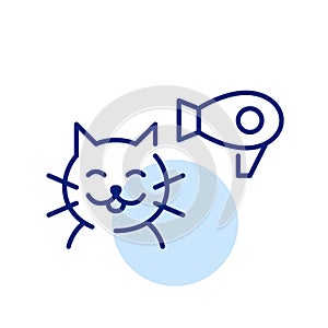 Happy cat and hairdryer. Professional pet grooming and styling. Pixel perfect vector icon