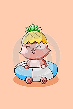 Happy cat with pineapple hat in summer holiday cartoon illustration