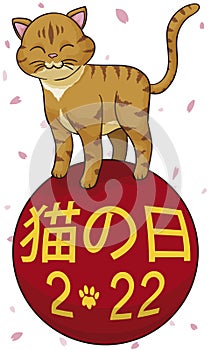Happy Cat under Cherry Blossom Celebrating Cat Day in Japan, Vector Illustration
