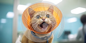 Happy cat in veterinary collar after operation -, concept of Cute feline