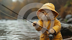 A happy cat in a yellow raincoat is angling with a fishing rod by the water