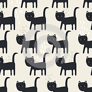 Happy cats, black and white seamless pattern. Decorative cute background with animals
