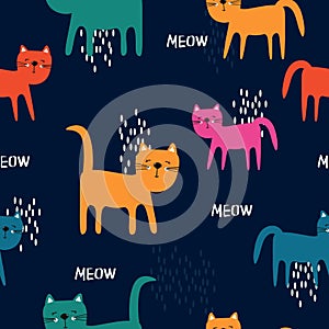 Happy cats, colorful seamless pattern. Decorative cute background with animals