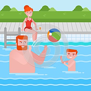 Happy caucasian family having fun in swimming pool