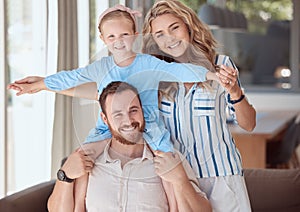 Happy caucasian family relaxing together at home. Carefree loving parents bonding with their little daughter. Mom