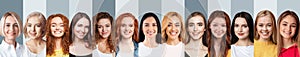 Happy Caucasian Millennial Ladies Faces In Collage Over Gray Backgrounds