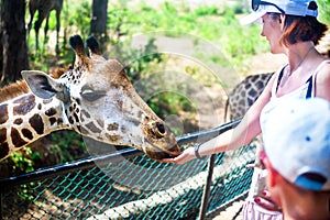 Happy caucasian mother and son feeding giraffe. Family having fun with animal in the national park. Outdoor. Kenya, Africa.