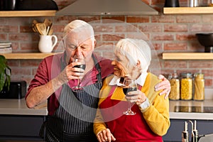 Happy caucasian senior couple cooking, drinking wine and embracing in kitchen